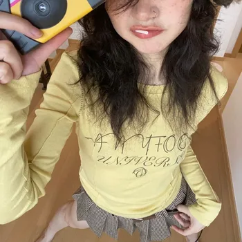 Karrram Y2k Estetik sarı tişört 2000s Japon Harajuku Tee Gömlek Grunge Mektup Baskı Uzun Kollu Gömlek E-kız Streetwear