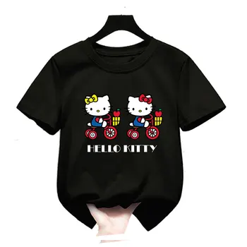 Kawaii Hello Kitty T Shirt Karikatür Kısa kollu Erkek Kız Harajuku Baskı T-Shirt Çocuk Tshirt Komik Tees Tops Çocuk Giyim