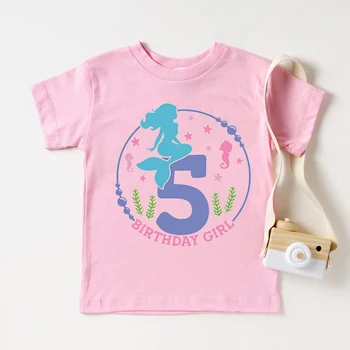 Kawaii Mermaid Denizatı Numarası Tshirt 4 5 6 7 8 9th Doğum Günü T Shirt Çocuk Giysileri Kız kısa kollu t-shirt T-Shirt Tees Üst