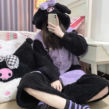 Kawaii Sevimli Sanrio Kuromi Peluş Pijama Bornoz Kapşonlu Ev Giysileri Kalınlaşma Gevşek Rahat Kız noel hediyesi Kız Arkadaşı İçin