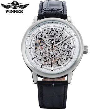 KAZANAN lüks marka moda spor mekanik saatler deri kayış erkek el rüzgar iskelet gümüş kasa saatler reloj hombre