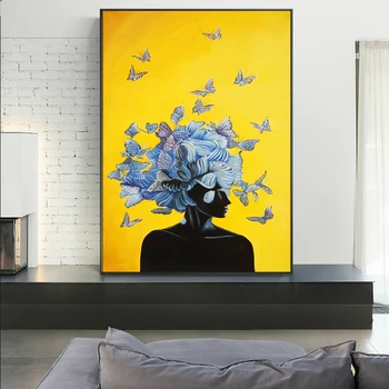 Kelebek Kız Modern duvar sanatı tuval resimleri Siyah Kadın Tuval Sanat Posterler Ve Baskılar Afrika Kız Resimleri ev duvar dekoru
