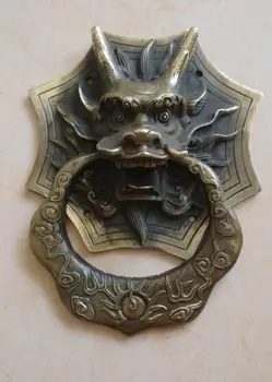 Koleksiyon Çin Eski Bakır Ejderha baş maskesi Heykeli Kapısı Kapı Tokmağı