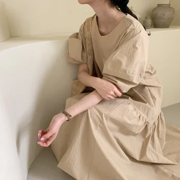 Kore Tarzı Beyaz Elbise Yaz Kadın Zarif 2022 Kısa Kollu uzun elbise Rahat Yuvarlak Boyun Elbiseler Vestido Feminino 15280