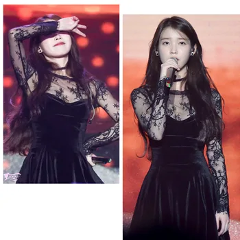 Kpop IU Lee Ji Eun 2023 yaz Retro balo parti seksi uzun kollu Elbise kadın kore sonbahar dantel perspektif siyah kadife elbiseler