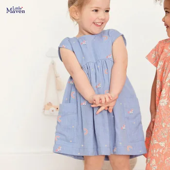 Küçük Maven Çocuk Yaz Bebek Kız Giysileri Gökkuşağı Baskı Pamuk Vestido Kolsuz Cep Elbise Çocuklar için 2 3 4 5 6 7 Yıl