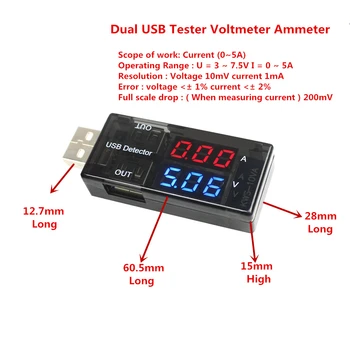 Kırmızı + Mavi Çift USB Akım Gerilim Şarj Dedektörü Test Cihazı Pil Voltmetre Ampermetre Şarj Doktor