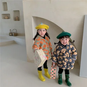 Kız Ceket 2022 Kış Koreli çocuk Sıcak Ceket V Boyun Polar çocuk Ceket Üç Boyutlu Çiçek Artı Kadife Ceket