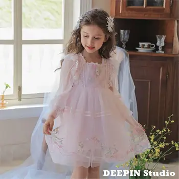 Kızlar Prenses Elbise 2022 Bahar Yeni Fransa Mahkemesi Tarzı el nakışı Prenses Etek çocuk giyim Tatlı Katmanlı Elbise