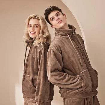 Kış Kalınlaşmış Pazen Rahat Çiftlerin Ev Giysileri Takım Elbise Mercan Kadife Fermuar Kazak Severler Pijama, pijama