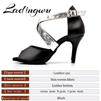 Ladingwu Kadın Hakiki Deri Dans Ayakkabıları Siyah Latin Dans Ayakkabıları Salsa Kadın Balo Salonu Meslek Dans Ayakkabıları Topuk 6-10 cm