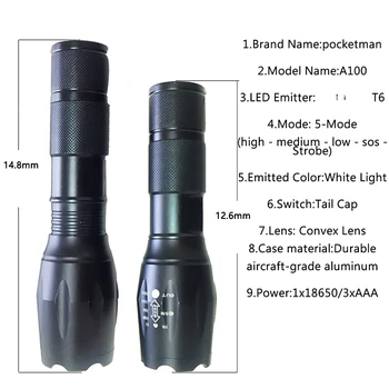 LED Şarj Edilebilir El Feneri Pocketman T6 linterna torch Güçlü 18650 Pil Açık Kamp Güçlü LED el feneri 93