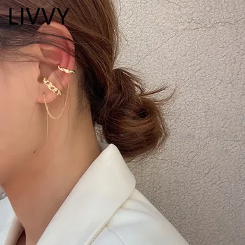 LIVVY Moda Geometrik Zincir Bükülmüş Püskül Zincir Asimetrik Kulak Klipleri Küpe Kadınlar İçin Sahte Piercing Takı Hediyeler