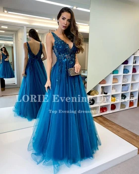 LORIE V Yaka Kraliyet Mavi Abiye 2022 Moda Tül Aplikler Kolsuz Balo elbisesi Uzun Abendkleider Elbiseler De Soirée