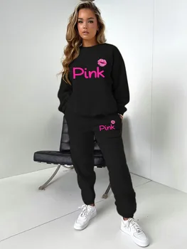 LW Artı Boyutu Kadın Eşofman Pembe Dudak Mektubu Baskı pantolon seti Sweatpants İki Parçalı Set Yeni rahat Kıyafetler Jogger Tulum Giysileri