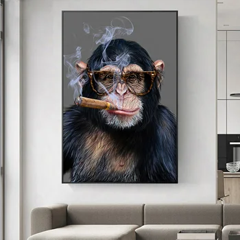 Maymun Duman Sigara Komik Poster Maymun Hayvan Boyama Sanat Tuval Baskı Modern Soyut Duvar Resmi Oturma Odası Loft Dekor