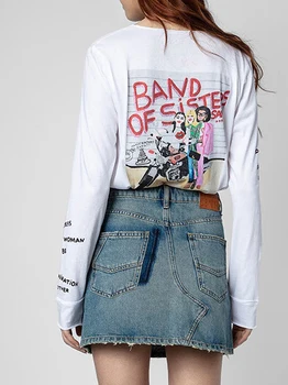 Mektup Grafik T-shirt Kadın 2022 Yaz Uzun Kollu Pamuklu Rahat Tee Gömlek Femme Casual Vintage Kaya Punk Tişörtleri üst giysi