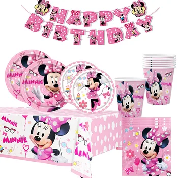 Minnie Mouse Doğum Günü Partisi Malzemeleri ve Süslemeleri Minnie Mouse Parti Malzemeleri Afiş Masa Örtüsü Plakaları ile 8 Misafir Hizmet Vermektedir