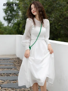 MİSHOW Yaz 2022 Kadın Vintage Elbise Beyaz Fransız Tasarım Yüksek Bel İnce Etek Puf Kollu A-LİNE Kadın Elbiseler MXB14L0612