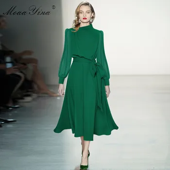 MoaaYina Moda Tasarımcısı elbise Bahar kadın Elbise Çapraz yaka Fener Kollu Gevşek Dantel-up Düz renk Şifon Elbiseler
