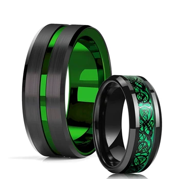 Moda 8mm Yeşil Oluk Tungsten Celtic Ejderha Yüzük Erkekler İçin Karbon Fiber Çelik Çift Yüzük erkek Düğün Nişan Takı Hediye