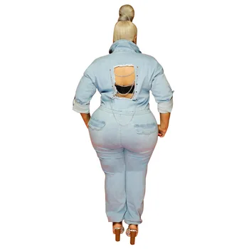 Moda Artı Boyutu Rahat Kot Yıkama Tulum Uzun Tek Parça Pantolon Romper Bodysuit Kadın Kot Vintage Uzun Kollu Playsuits