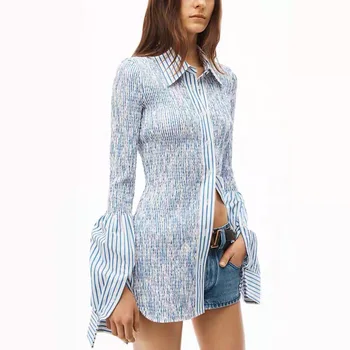 Moda Klasik Moda Lüks Tasarımcı Kumaş Kadın Sonbahar Sıkı Pilili Üst İnce Tasarım Şerit Uzun Kollu Gömlek Bluz Üst