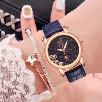 Moda Takımyıldızı Arama Kadın quartz saat Bayanlar Rhinestone deri kayışlı kol saati Saat Zegarek Damski