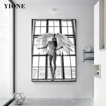 Modern Moda Model Tuval Boyama Kadın Kanatlı Posteri Siyah ve Beyaz sanat resmi Yatak Odası Oturma Duvar Dekor Baskılar