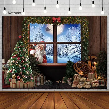 Noel Arka Planında Fotoğraf Pencere Noel Baba Kar Noel Ağacı Hediyeler Dekor Çocuklar Portre Arka Plan PhotoStudio Photocall