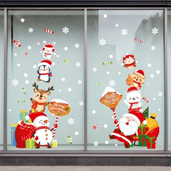 Noel karikatür Noel Baba kardan adam açık kahverengi cam pencere duvar dekorasyon duvar çıkartmaları duvar dekorasyon ev dekorasyon duvar