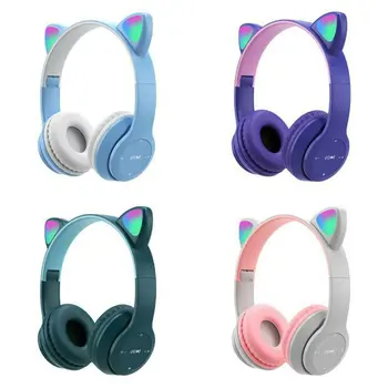 P47 Yanıp Sönen LED Sevimli Kedi Kulaklar Kulaklık Bluetooth Kablosuz mikrofonlu kulaklık TF FM Stereo Müzik Kulaklık Yavru Kulaklık Çocuklar Hediye
