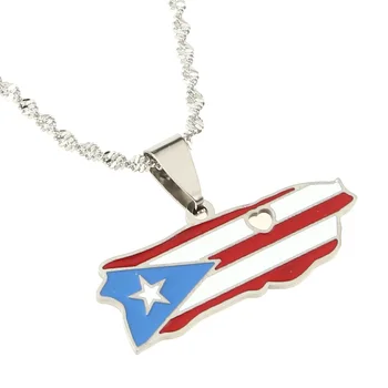 Paslanmaz Çelik Kalp Porto Riko Ricans Harita Bayrak Kolye Kolye Emaye Altın Renk PR Unisex Takı Hediyeler