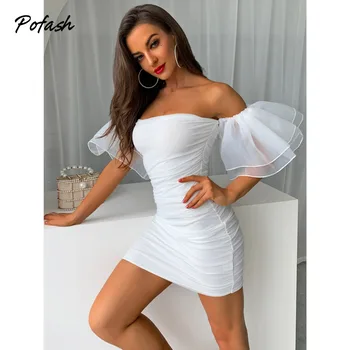 Pofash Beyaz Örgü yaz elbisesi İçin kadınlar için açık omuzlu Backless Seksi Parti Kulübü Vestidos 2021 Kadın Dantelli Bodycon Mini Elbiseler