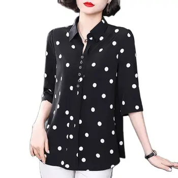 Polka Dot Baskılı Kadın Bluzlar Turn-aşağı Yaka Gömlek Bayan Bahar Yaz Tarzı Rahat Yarım Kollu Blusas Tops