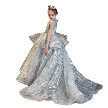 Prenses Uzun balo elbisesi Genç Kızlar için Çocuk Kolsuz Katmanlı V Yaka Mermaid Elbise Çocuklar Kız Resmi Akşam Parti Kıyafeti