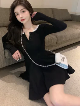 QWEEK Örme Siyah Şal Elbise Kadınlar Kore Tarzı Bodycon Dantel Uzun Kollu Kısa Elbiseler 2022 Sonbahar Kpop Kıyafetler Katı