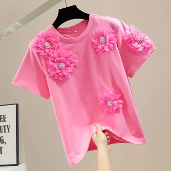 Rahat bol tişört Kadınlar İçin Yuvarlak Boyun Uzun Kollu Patchwork Çiçek Düz T Shirt Kadın Sonbahar Giyim Kore Moda