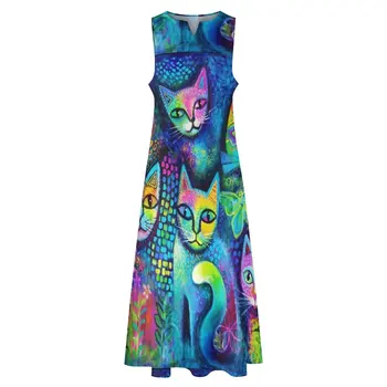 Renkli Kedi Magicats Elbise Yaz Soyut Sanat Sokak Tarzı Rahat Uzun Elbiseler Kadın Grafik Sevimli Maxi Elbise Büyük Boy 4XL