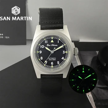 San Martin erkek saati Pilot Vintage Askeri 38mm YN55 erkek Otomatik mekanik saatler C3 Işık 20Bar Su Geçirmez Saatler
