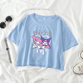 Sanrio Benim Melodi Kuromi kısa kollu tişört Kız Kawaii Cinnamoroll Yaz Yeni Kısa Üst Karikatür Pamuk Rahat Kırpma Üst T-Shirt