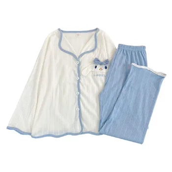 Sanrios Kawaii Pijama Kızlar için Beyaz Pamuk Sonbahar Pijama Setleri Beyaz Uyku Üstleri Mavi Uyku Dipleri Cinnamoroll Pijama