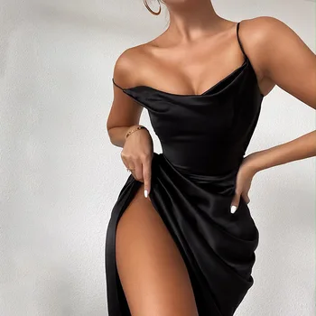 Seksi Bölünmüş Saten Elbise Yaz Moda Spagetti Kayışı Büzgü Yüksek Bel Katı Abiye Zarif Kadın Vestidos 2022 Elbise