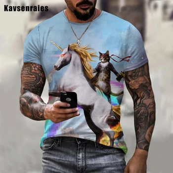 Serin Karikatür Unicorn Kedi Hayvan 3D Baskılı kısa kollu tişört Erkekler Kadınlar Casual Harajuku Büyük Boy Üstleri
