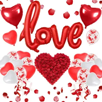 Sevgililer Günü süslemeleri, dev aşk balonları, 50 kalp şeklinde mumlar, kalp şeklinde balonlar, 1000 ipek kırmızı gül yaprakları ile