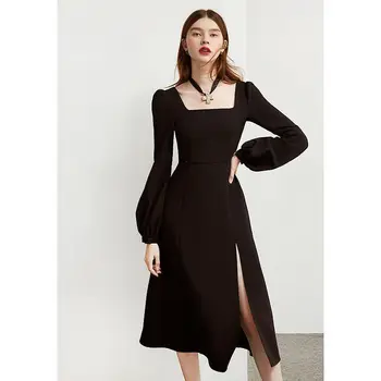 Siyah Retro Bölünmüş Elbise Kadınlar Zarif Midi Tasarımcı Elbise Kadın Uzun Kollu Hepburn Tarzı Şifon Vintage Elbise Güz 2020 Kadın