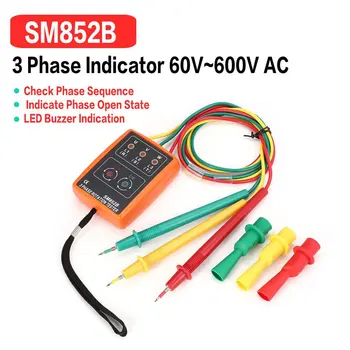 SM852B 3 Fazlı Rotasyon Test Cihazı Dijital Faz Göstergesi Dedektörü LED Buzzer Faz Sırası Ölçer voltmetre 60V ~ 600V AC