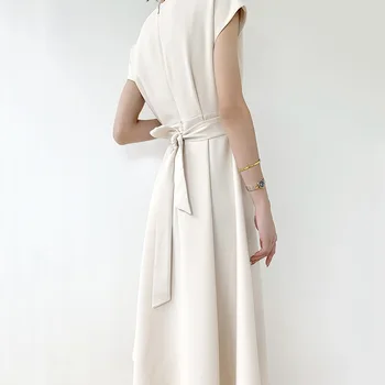 Smmmer Maxi Elbiseler Kadınlar için Fransız Moda Zarif elbise kemeri Düz Renk V Yaka Ofis Bayan Bahar Sadelik Uzun Giyim