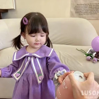 Sonbahar Kış Elbise Toddler Kız Kadife Gevşek Mor Elbiseler Uzun Kollu yaka Parti Küçük Kızlar Prenses Çocuklar Rahat Giydirin
