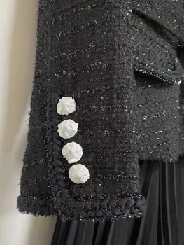 Sonbahar / Kış Metalik Buklet Özel Siyah Blazer Elbise Yüksek Kaliteli Zarif Moda Elbise A-LİNE Düz Renk Niş Tasarım